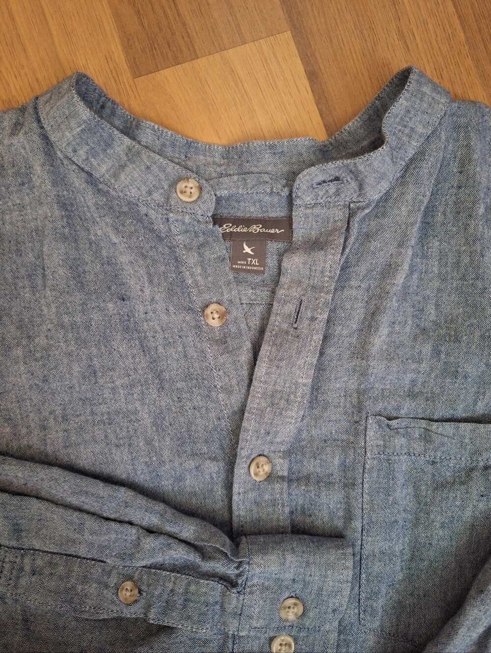 Men's Eddie Bauer Band Collar Linen Blend Button Down Chambray Shirt XL Tall